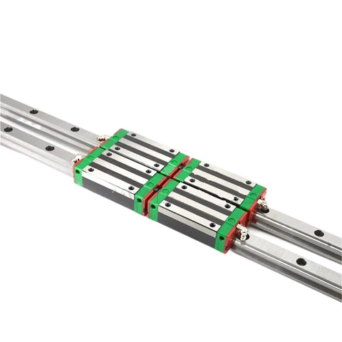 Top Shelf Linear Motion Guide Slider And Rail Set Packing Four Reliable Hgh25Ca Slides And Two Heavy Duty Hgr25 Rails close-up of sliders on steel rails.