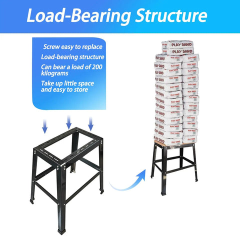 Universal Heavy Duty Power Tool Stand showing load-bearing structure with stack of sandbags, 200 kg capacity highlighted.