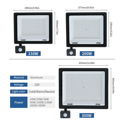 JUDYSSY Led Flood Light Pir Motion Sensor 150W, 200W, and 300W with motion sensor, IP66 waterproof, aluminum material.