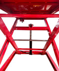 Bottom view of Heavy Duty 1500 Lb Motorcycle Lift With Side Extension, Pedal Hydraulic Pump, Jack Table, red steel frame