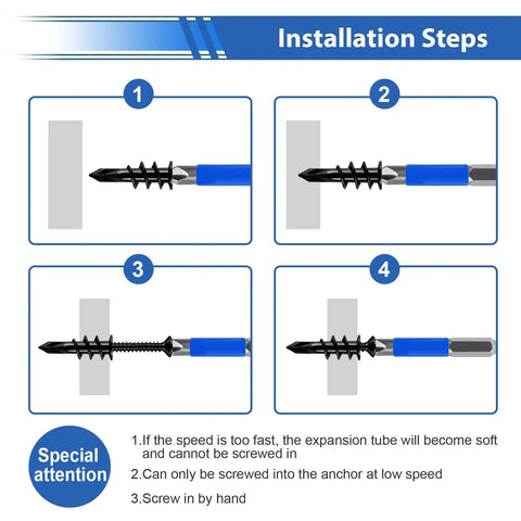 Installation steps for Built Tough Self Drilling Drywall Anchors With Screws Kit showing a black wall plug inserting process.