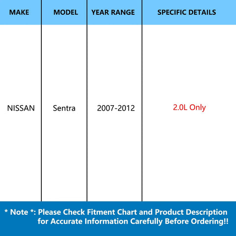 Compatibility chart for Front Wheel Bearing And Hub Assembly Pair For 2007 2012 Nissan Sentra 2.0L Direct Fit OEM Grade Hub And Bearing Kit.