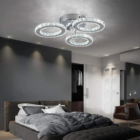 Crystal Chandelier 5 Light LED Flush Mount Ceiling Fixture In Cool White For Bedroom, Modern Sleek Design, K9 Crystal