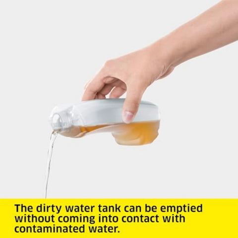 Kärcher WV 1 electric window vacuum squeegee side view of hand pouring orange liquid from a clear bottle