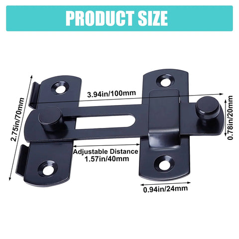 Stainless Steel Barn Door Lock Hardware Set With 180 Degree Flip Sliding Lock Latch in black, dimensions shown.