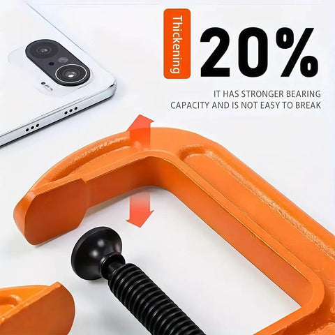 Beefy 2 Inch C Clamp Heavy Duty Steel Clamp for Woodworking Welding and Building with Rust Resistant Body and Anti Slip Screw for a Rock Solid Grip on Wood Metal Shelves Benches and All DIY Projects, orange clamp close-up