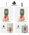 Heavy Duty Digital Wall Scanner And Stud Finder With Live Wire And Electric Cable Detector displaying metal and wood scan depths.