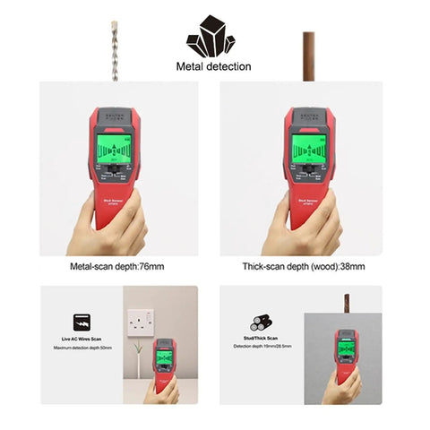Heavy Duty Digital Wall Scanner And Stud Finder With Live Wire And Electric Cable Detector displaying metal and wood scan depths.