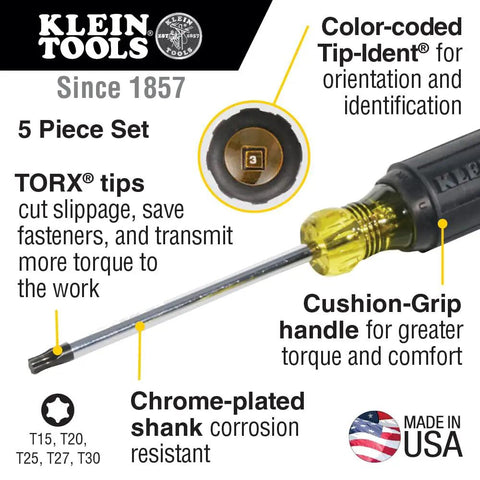 Infographic showing details of TORX Cushion Grip Screwdriver Set, 5 Piece With T15 T20 T25 T27 T30 Bits, Chrome Shaft, Made in USA.