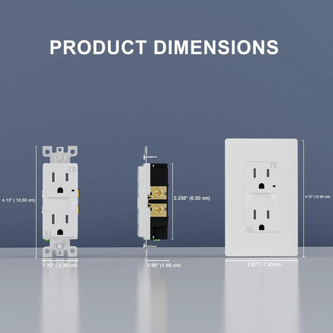 GFCI Outlet 20 Amp 125 Volt Self Test, Tamper Resistant Receptacle With LED Indicator, Decorator Wall Plate and Screws dimensions