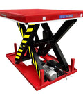Heavy Duty Electric Hydraulic Scissor Lift Table With Beefy Steel Build And Massive 13200 Lb Capacity For The Garage Or Warehouse Easy Foot Pedal Lift, red and black color, showing mechanism.