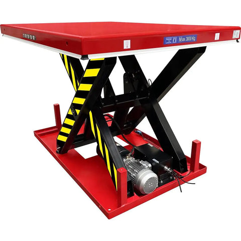 Heavy Duty Electric Hydraulic Scissor Lift Table With Beefy Steel Build And Massive 13200 Lb Capacity For The Garage Or Warehouse Easy Foot Pedal Lift, red and black color, showing mechanism.