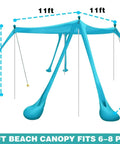 Diagram of Beach Canopy Tent 11 By 11 Ft With 6 Sandbags, 4 Stability Poles, Extra Windproof Ropes, dimensions labeled