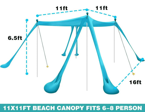 Diagram of Beach Canopy Tent 11 By 11 Ft With 6 Sandbags, 4 Stability Poles, Extra Windproof Ropes, dimensions labeled