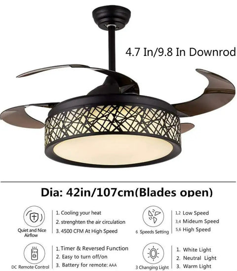 42 Inch Retractable Ceiling Fan With LED Light And Remote Control, Invisible Clear ABS Blades in black finish, open view