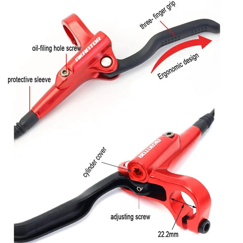 Shred Ready Mountain Bike Hydraulic Disc Brake Kit For Gnarly Trail Riding featuring red dual piston levers and ergonomic grips.