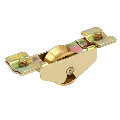 Top Shelf Single Roller Sliding Window Sash Pulley Wheel Replacement 2 Pack Heavy Brass Track Rollers No More Sticking Run Like A Charm For Smooth Home Fixups - close-up view of brass roller wheel with metal bracket.