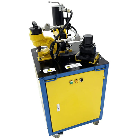 3 In 1 Electric Hydraulic Angle Iron Processing Workhorse Knockout Power Punch with hydraulic motor and control panel for metal fabrication.
