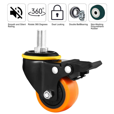 Heavy Duty 2 Inch Rubber Swivel Caster Wheels With Brake, Quiet Polyurethane, 180 Kg Load Capacity, 10 Mm Stem, Ideal For Trolleys, Equipment And Machines. 2-inch stem caster with brake