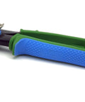 Close-up of Right Cut Aviation Snips Heavy Duty Metal Shears with blue and green handle grips.