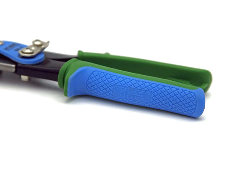 Close-up of Right Cut Aviation Snips Heavy Duty Metal Shears with blue and green handle grips.