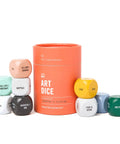 Art Dice Prompts Set Of Nine Wood Dice For Drawing And Painting Inspiration, Color Coded, One Inch Each, Roll To Kickstart Creativity And Bust Artist Block With Easy Read Prompts. set with orange container and dice prompts