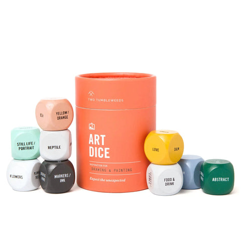 Art Dice Prompts Set Of Nine Wood Dice For Drawing And Painting Inspiration, Color Coded, One Inch Each, Roll To Kickstart Creativity And Bust Artist Block With Easy Read Prompts. set with orange container and dice prompts