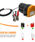 Grease Monkey Approved 12 Volt Electric Oil Extractor Pump With 60 Watt Motor and Reinforced Hose Clamps, featuring alligator clips.