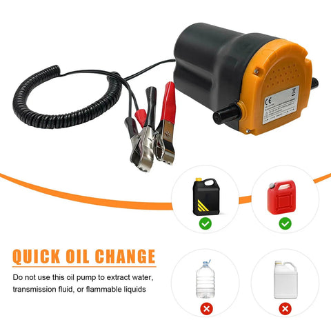 Grease Monkey Approved 12 Volt Electric Oil Extractor Pump With 60 Watt Motor and Reinforced Hose Clamps, featuring alligator clips.