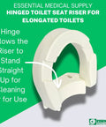 Hinged Toilet Seat Riser for Standard Toilets with 3.5 Inch Rise, white riser shown with hinge detail for easy cleaning