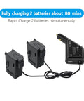 3 In 1 Battery Charger Hub For DJI FPV Drone And Remote Controller Fast 12V DC Multi Battery Charger Charge Two Batteries Simultaneous All In One Smart Overcharge Protection Portable Black showing dual battery charging capability