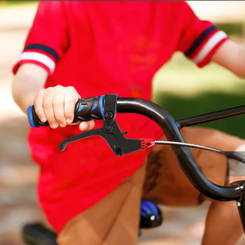 Child holding handlebar with Pair Two Finger Aluminum Alloy Bicycle Brake Levers Universal 22mm Fit For Kids Bicycles, red, on bike