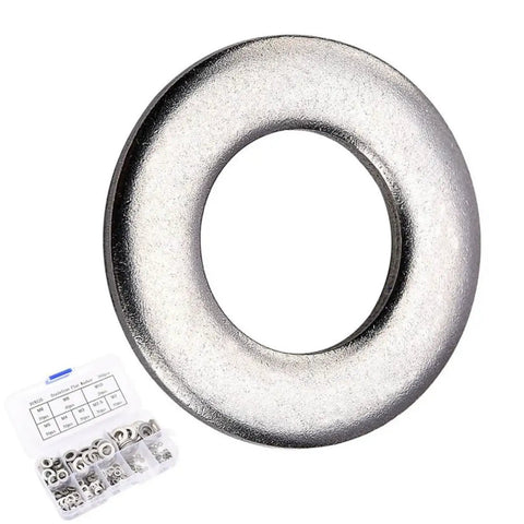 Heavy Duty Stainless Steel Spring Washer Assortment Kit With 360 Rust Resistant Flat Washers And Slick Galvanized Finish with washer and organizer.