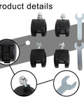 Four black plastic caster wheels with brakes, 40x30mm, 8mm threaded stem for electric heater use (front view).