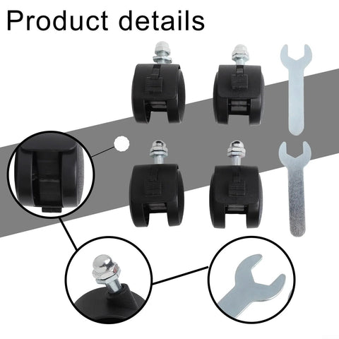 Four black plastic caster wheels with brakes, 40x30mm, 8mm threaded stem for electric heater use (front view).