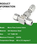 Angled side view of TAISHER micro flow control valve in 304 stainless steel with knurled adjustment knob, 1/4 in tube OD.