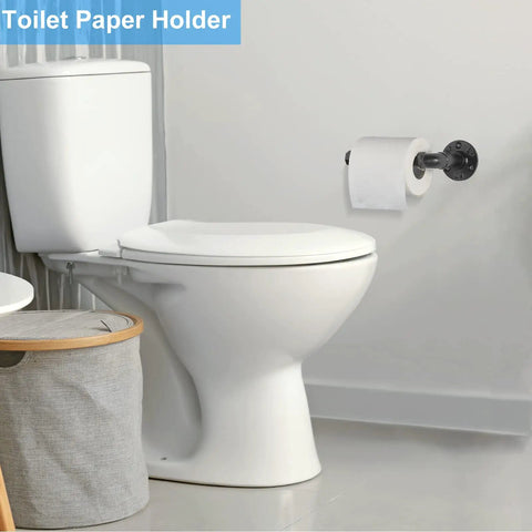 Matte black toilet paper holder from 13 Pieces Industrial Pipe Towel Rack Set Matte Black Bathroom Hardware for wall mounted setup.