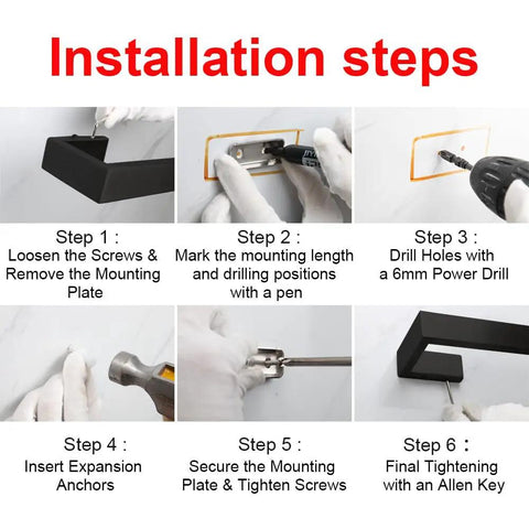 Installation steps for complete 5 piece bathroom hardware set built from SUS304 stainless steel in brushed nickel.