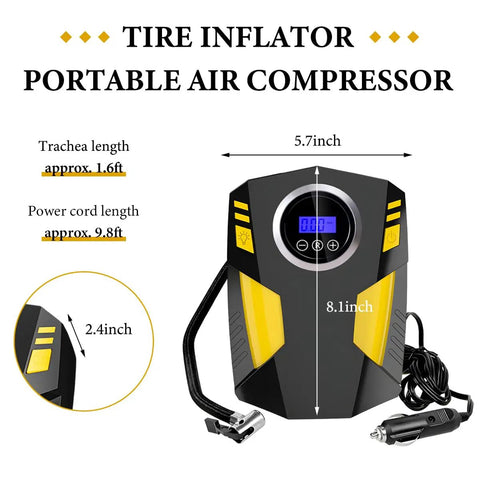 Straight Up Reliable 12V Tire Inflator Air Compressor With Digital Pressure Gauge Led Light Auto Shutoff Portable Pump For Car Truck Bike Ball No Sweat Setup close-up dimensions and features with detailed display.