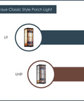 Art Deco Stained Glass Outdoor Wall Light Fixture For Home Exterior Dope Curb Appeal Large Satin Black Wall Lantern, lit and unlit view