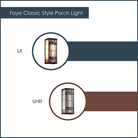 Art Deco Stained Glass Outdoor Wall Light Fixture For Home Exterior Dope Curb Appeal Large Satin Black Wall Lantern, lit and unlit view
