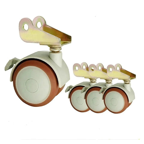 Rock Solid Four Pack Of Universal Type P Plate Casters Featuring Smooth Rubber Coated Treads And Tough Plywood Mounting Stems, showcasing sturdy wheels.