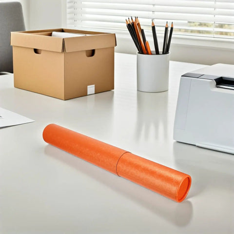 Orange Telescopic Poster Tube Holder 52 To 95 Cm Expandable Mailing Tube With Strap on office desk with printer and box