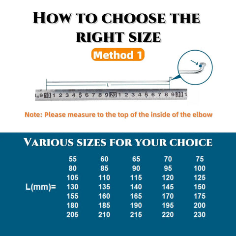 Guide for choosing spoke size, showing measuring method and available lengths from 55mm to 230mm for 10G 3.0mm silver bicycle spokes.