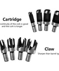 Premium Eight Piece Wood Plug Cutter Drill Bit Set One Quarter Three Eighths Five Eighths Half Inch Steel Boring Tool, includes cartridge and claw designs.