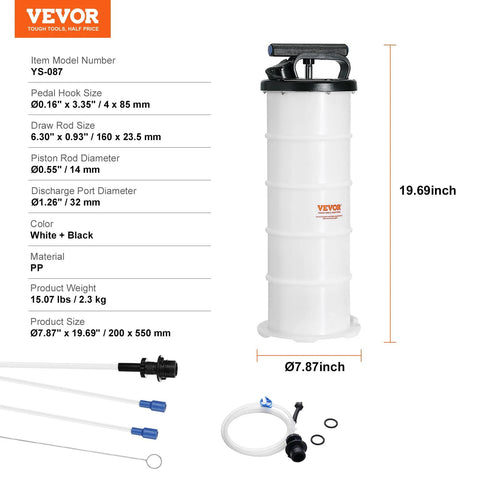 Front view of VEVOR 6.5L manual oil extractor canister with white body, black lid, and hoses.