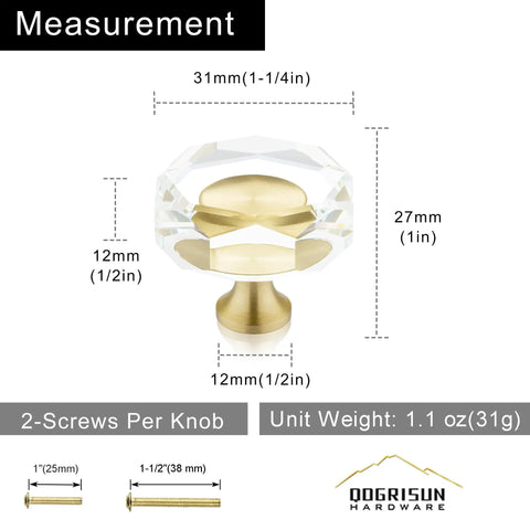 Measurement details of 10 Pack Dope Brass Crystal Cabinet Knobs Set With Glass Crystal Gold Finish 1-1/4 Inch Polygon Decorative Dresser Pulls For Modern Kitchen Cabinet Hardware, showcasing dimensions and weight