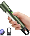Hand holding Ultra Bright Rechargeable Beast Mode LED Flashlight With Zoom Beam And Side Light Hanging Clip All In One Multi Function Light