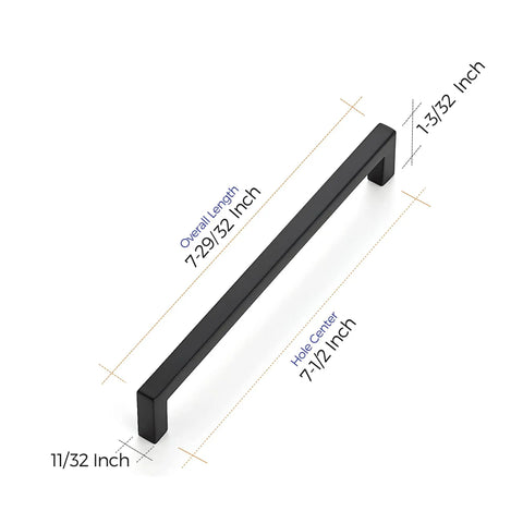 30 Pack Solid Slim Square Drawer Handles For Cabinets, 7 And A Half Inch Center To Center, Matte Black Zinc Alloy, angled view, dimensions shown