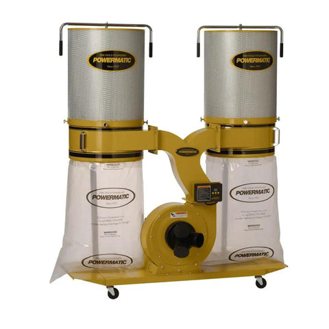Powermatic dust collector with Five Pack Clear Dust Collection Bags For PM1300TX And PM1900TX Canister Dust Collectors attached, clear bags visible.
